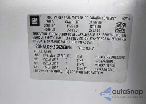 2016 Chevrolet Equinox Lt z USA, uszkodzony, nr VIN 2GNALCEK6G6283844